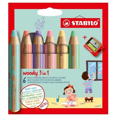 Crayon de couleur woody 3 in 1 - 6 pcs + 1 Taille-crayon